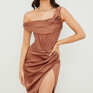 House of CB Asymmetrical Satin Dress in rich toffee color